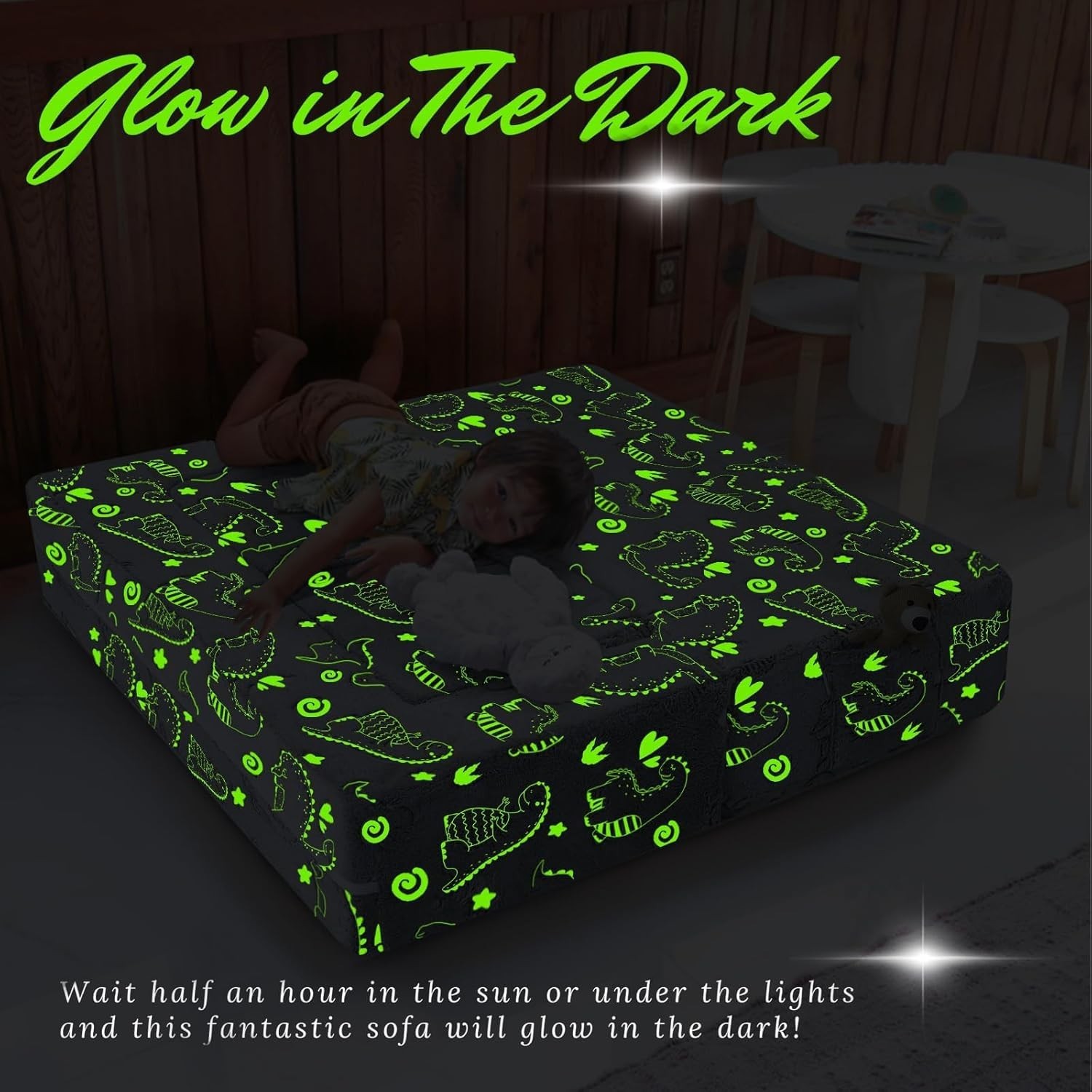 Dinosaur Glow Foam Kids Play Couch Set, Gray Modular Sofa & Lounger – Glow-Af...