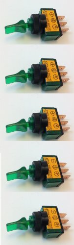 ILLUMINATED TOGGLE SWITCH ON/OFF 20 AMP 12VDC COLOR (5 PACK, GREEN)