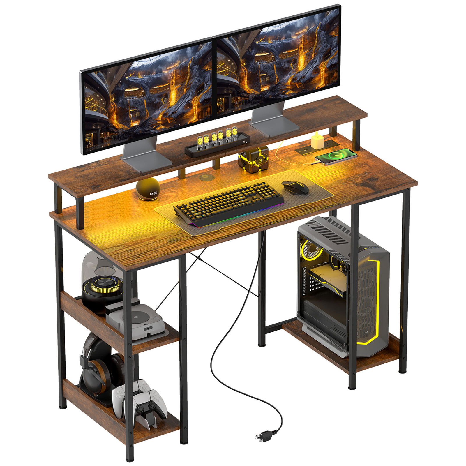 47" Reversible Computer Desk with Lights Home Office Desk Rustic Brown