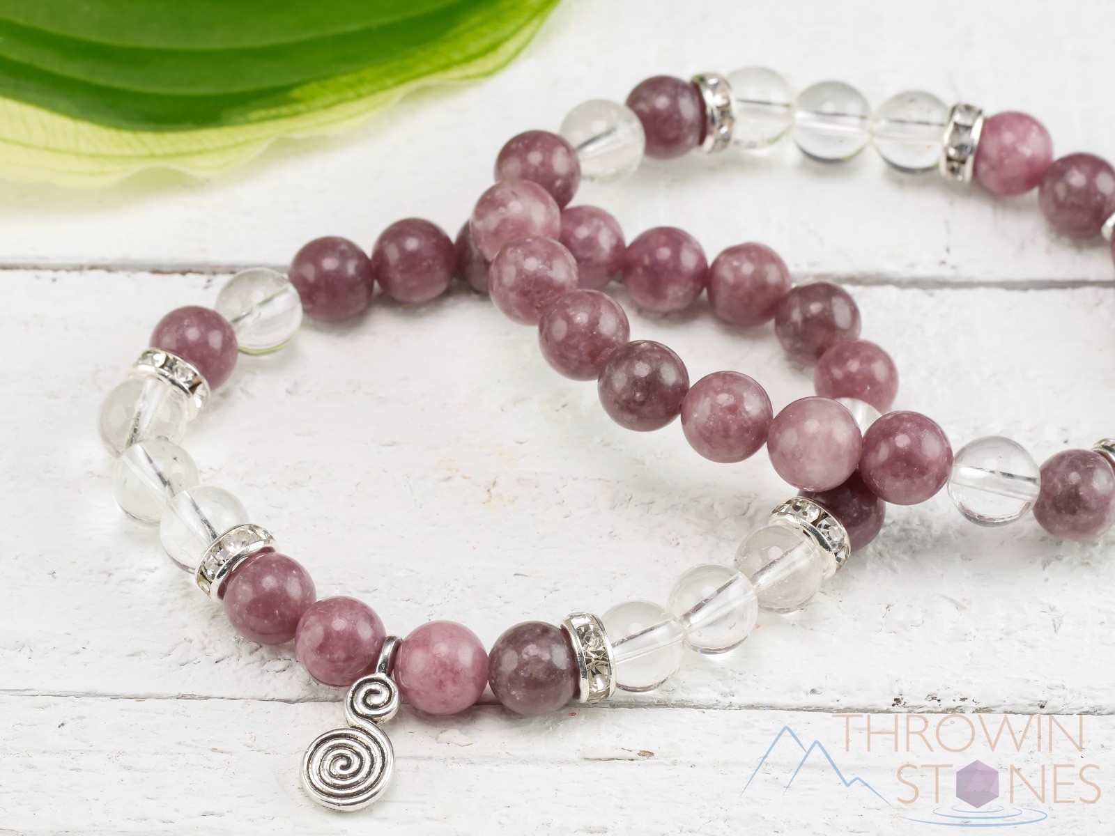 LEPIDOLITE & CLEAR QUARTZ Crystal Bracelet - Spiral Charm, Round Beads, E0975