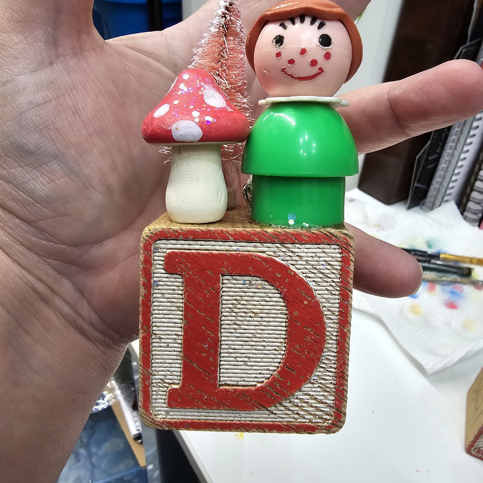 Vintage building block  Fisher Price Little People Christmas Ornament Letter D