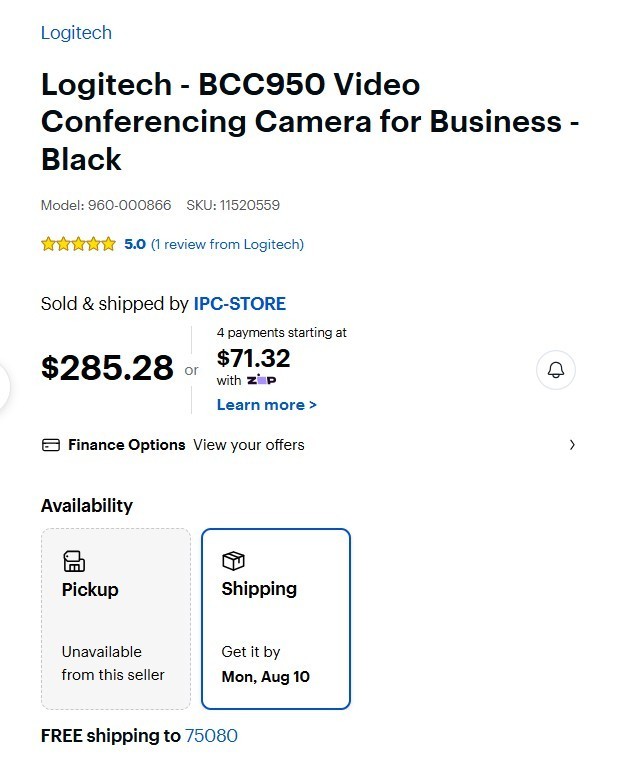 Logitech BCC950 Video Conference Webcam - Black NO REMOTE MISSING COMMON CABLE