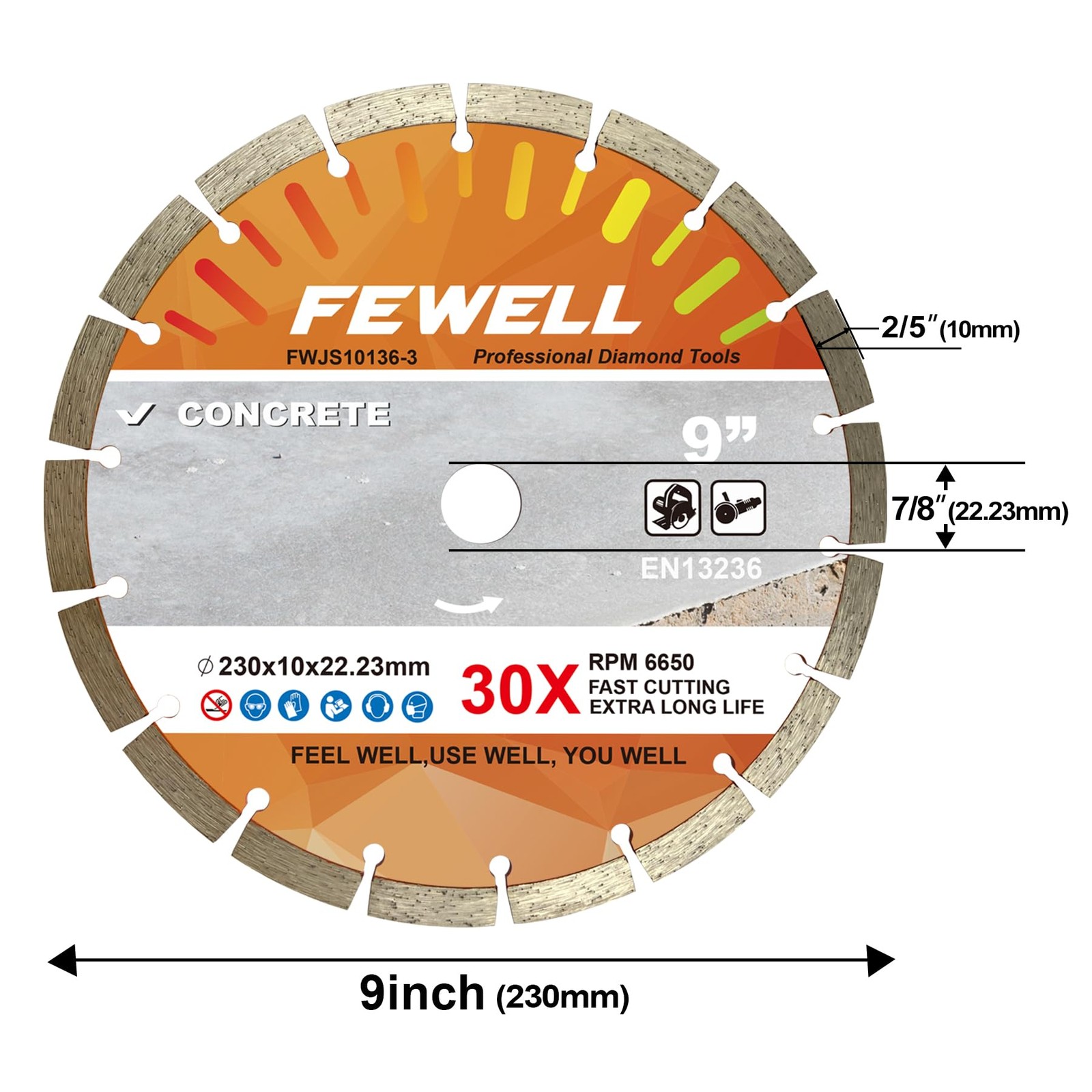 FEWELL 9 Inch Diamond Blade, Segmented General Purpose Blade Dry/Wet Cutting Con
