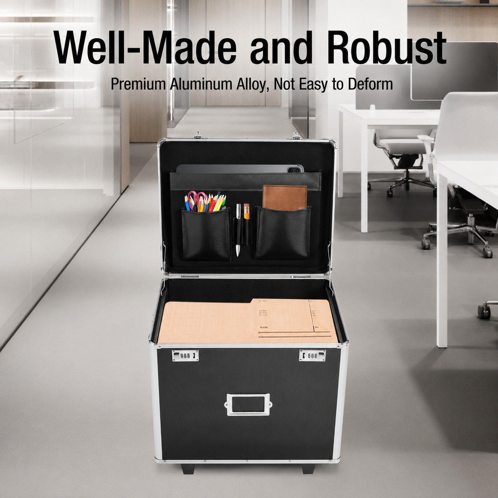 Aluminum Alloy File Lock Box, Hand pull File Case Locking Mobile Business Box
