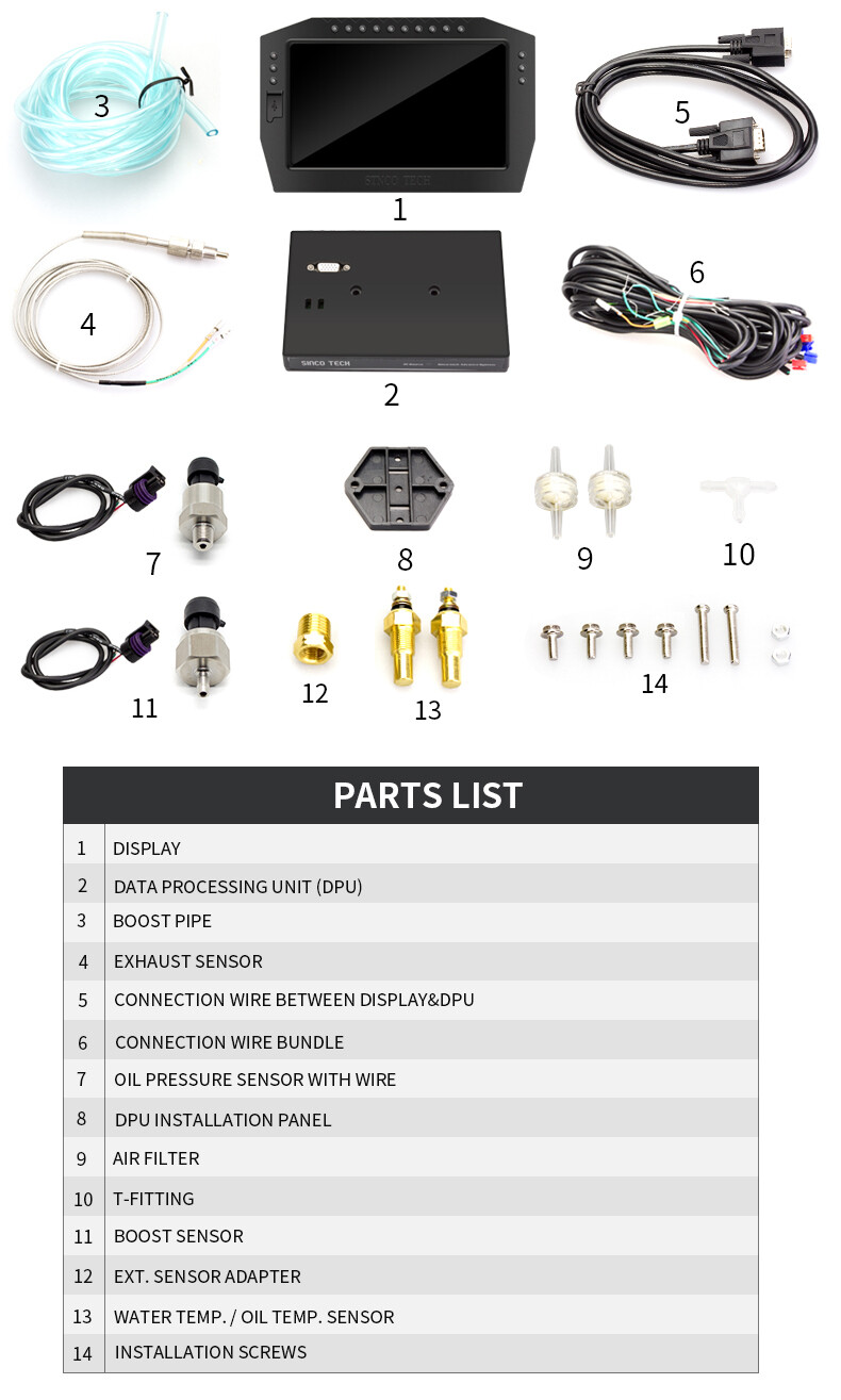 Sinco Tech DO909 Car Racing Dashboard Gauge Display Sensor Kit LCD Screen 12V