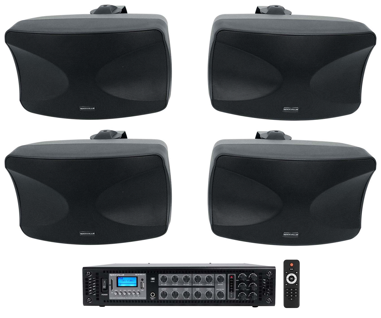 4 Rockville WET-44 PRO Dual 4" 4-Way Swivel 70V Commercial Speakers in Black+Amp