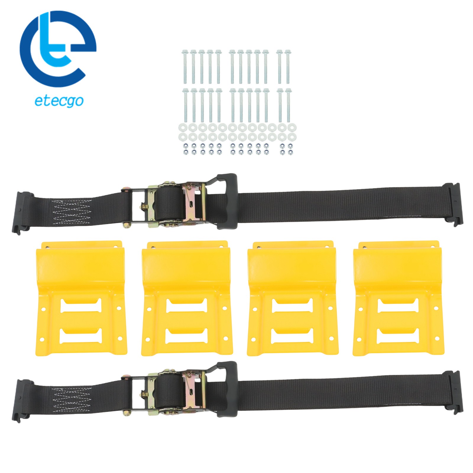 Yellow Wheel Chock And 6ft Black Ratchet Strap Kit For E Track System ATV UTV