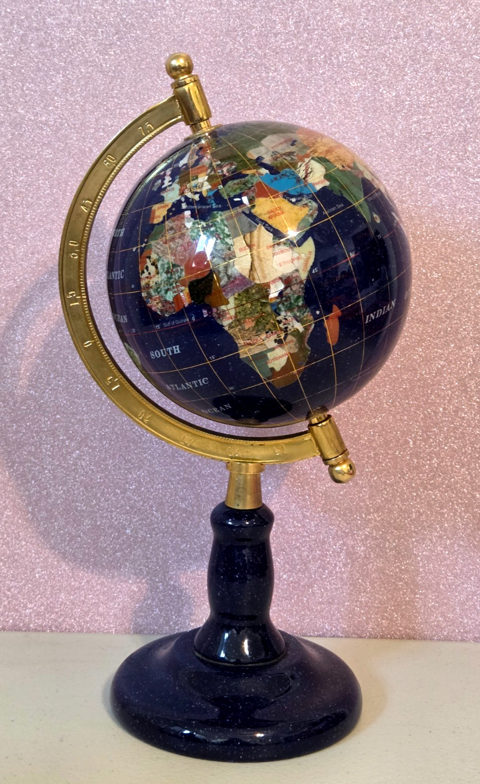 Lapis Lazuli Semi Precious Gemstone Inlay Rotating Globe of the World 13"