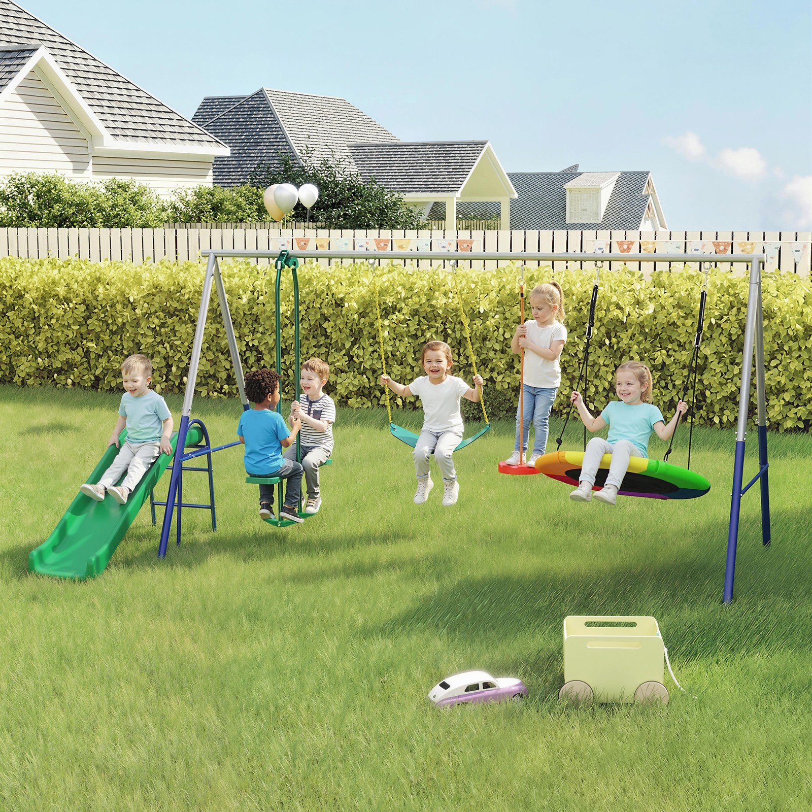 Qaba 5-in-1 Kids Swing Set for Backyard with Slide, 770lbs Capacity, Mixed