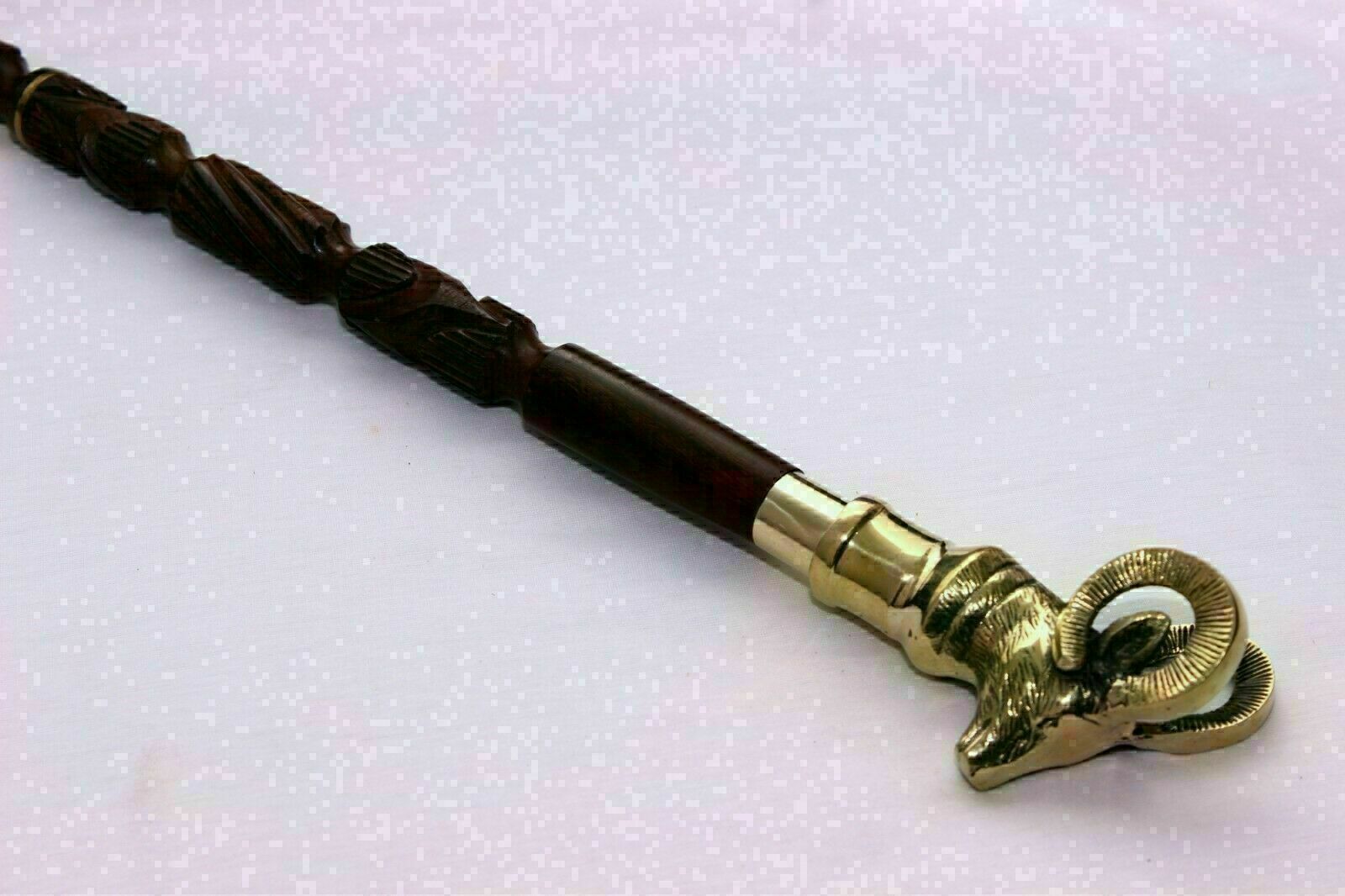 Antique Brass Solid GOAT Head Handle Vintage Victorian Walking Stick Wooden Cane