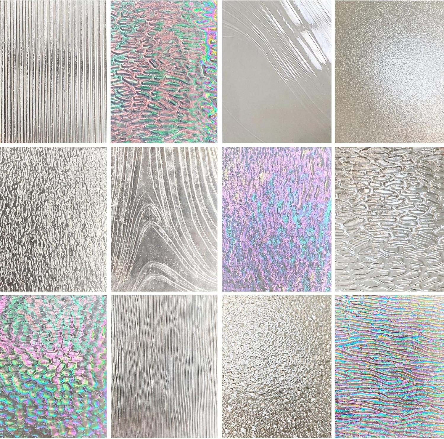 12 Sheets Clear Textured Stained Glass Sheet, 4 x 6 inch Rainbow Iridescent Cath