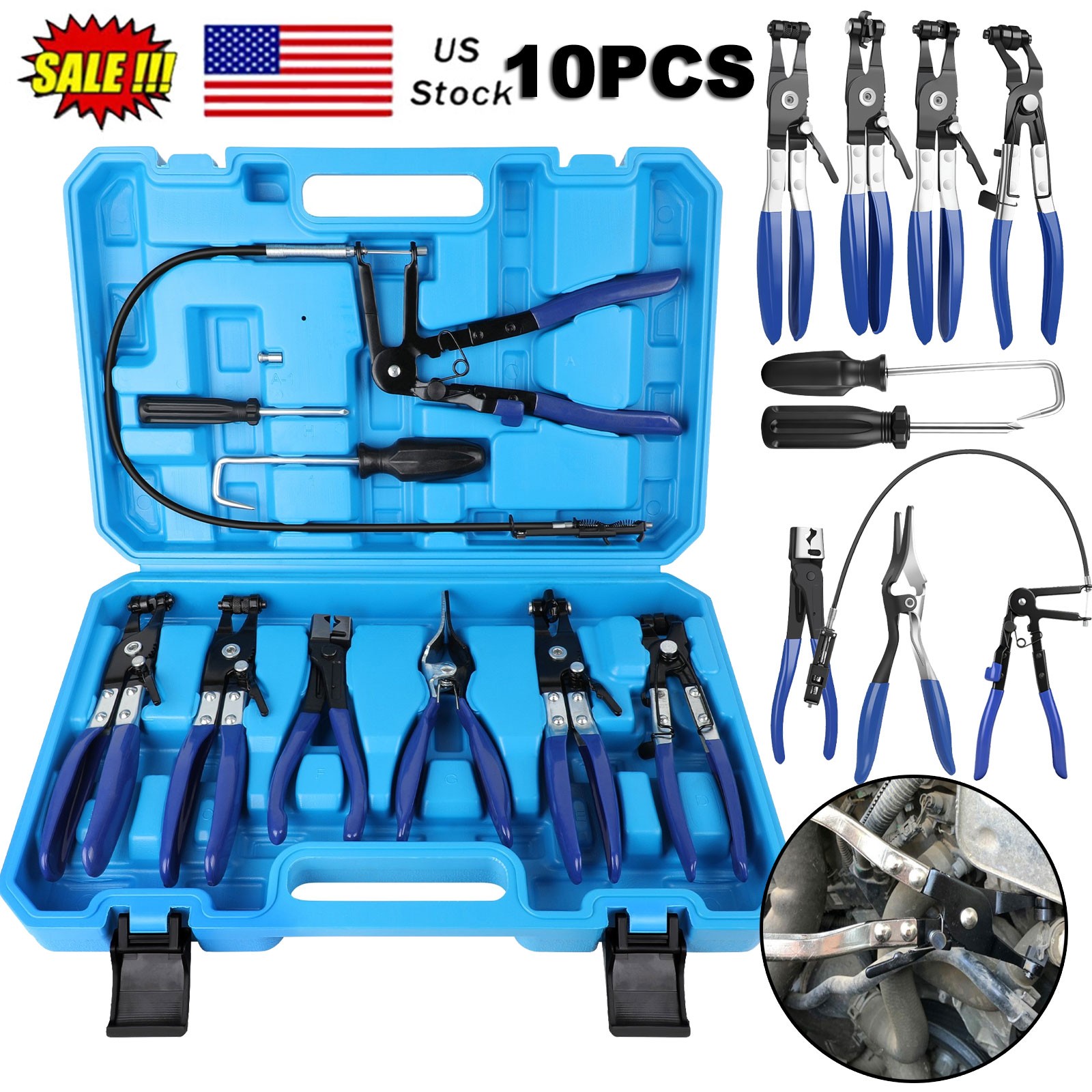 10Pc Hose Clamp Clip Remover Pliers Wire Long Reach Kit Fuel Oil Water Hose Tool
