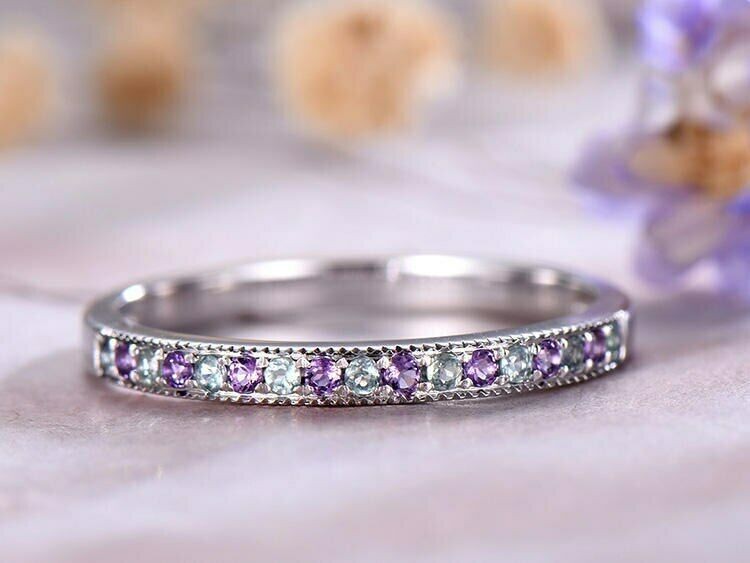 1.5ct Natural Purple Amethyst Half Eternity Stackable Band 14k White Gold Plated