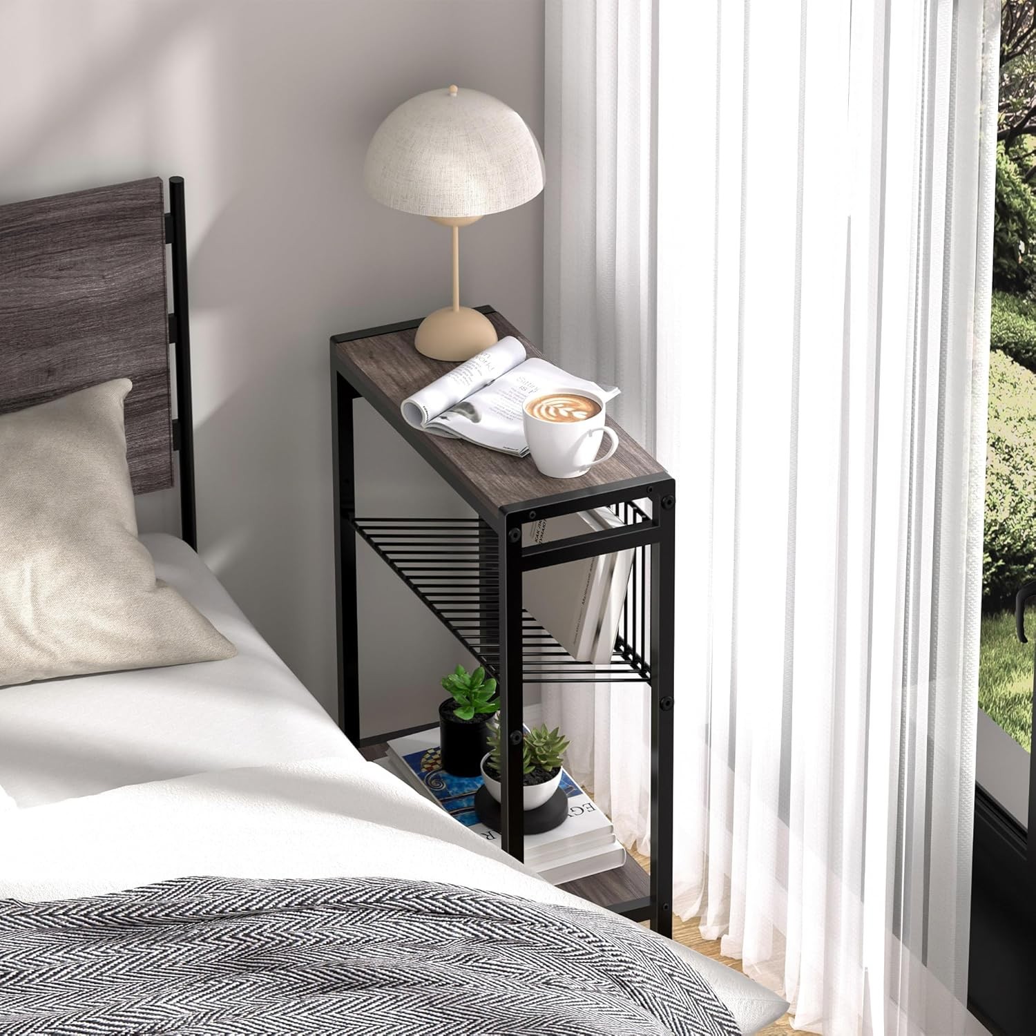 Side Table Small Space 3-Tier Narrow End Tablewith Magazine Holder,Slim