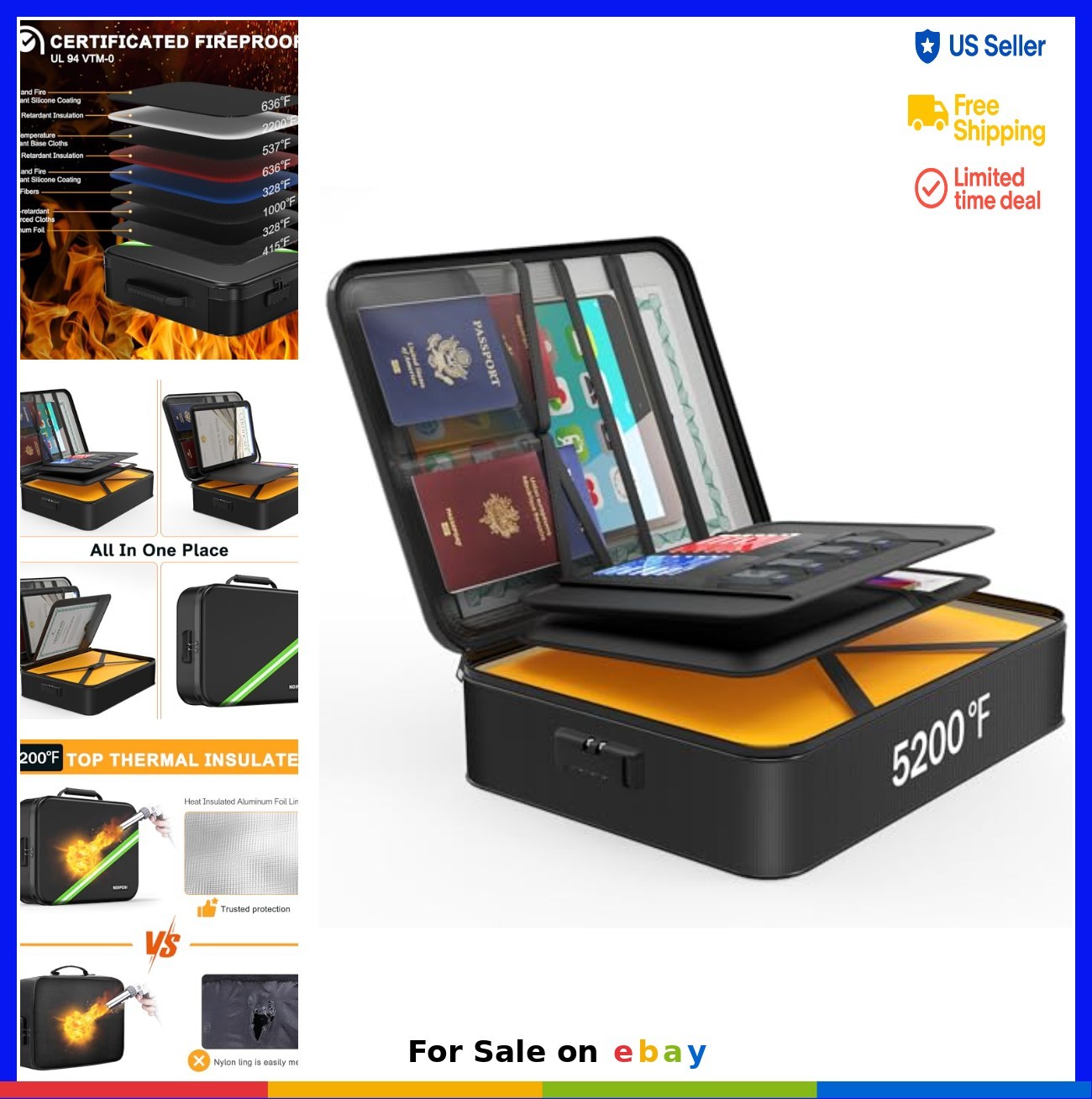 Fireproof Document Box with Lock 15x11x4.3 Inch Waterproof 8-Layer Heat