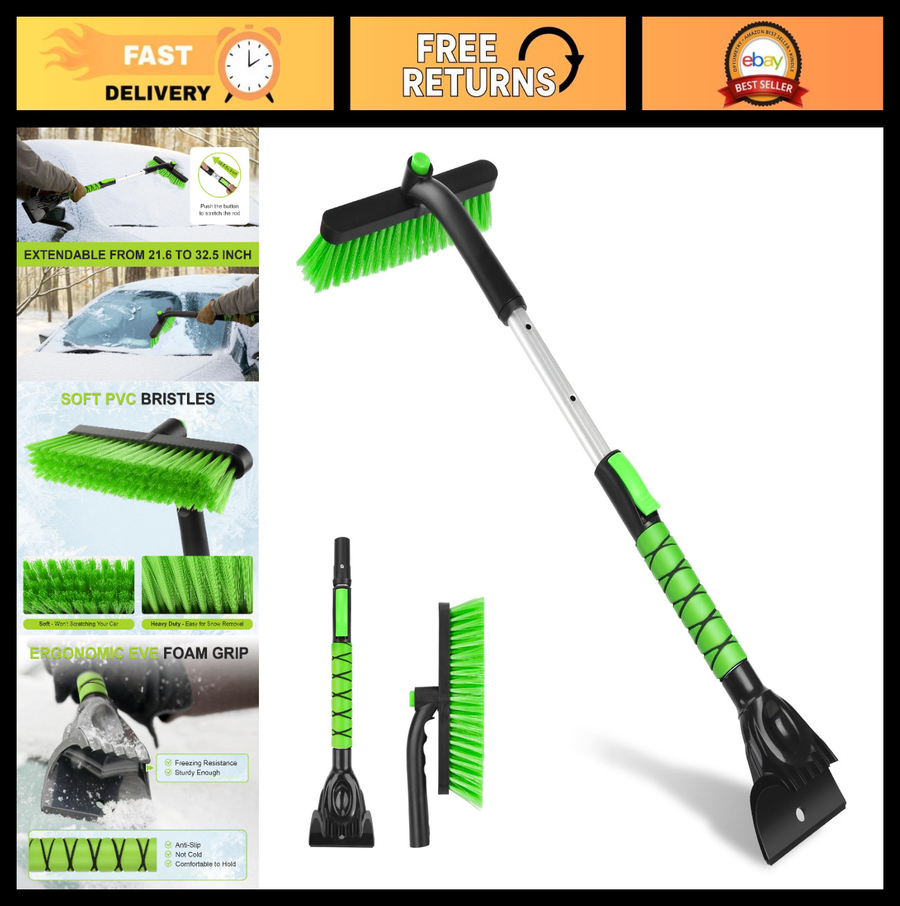 2-in-1 Extendable Snow Brush & Ice Scraper 33" - Heavy Duty Car Snow Removal Too