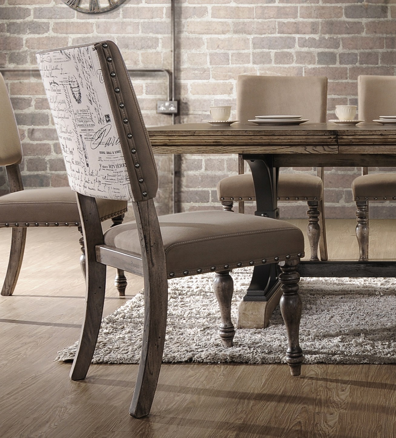 Script Printed Driftwood Finish Dining Chair with Nail head, Set of 2