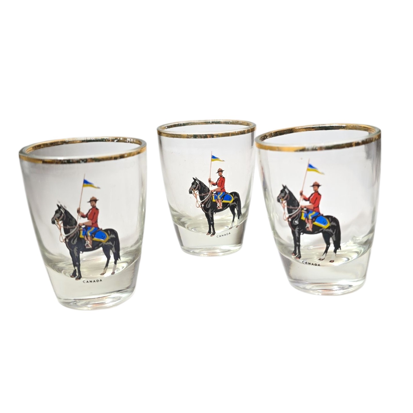 Vintage Royal Canadian Mounted Police (RCMP) Gold-Rim Souvenir Shot Glass Set 3