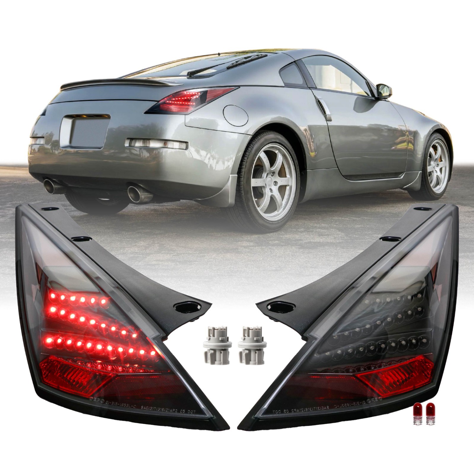 Z Shape RED LED Tail Lights w/ Black Housing + Sockets For 06-09 Nissan 350z