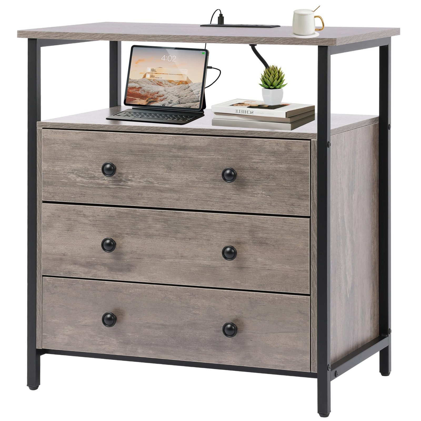 27in 3-Drawer Wooden Nightstand with Charging Station  Adjustable Drawers, Gray