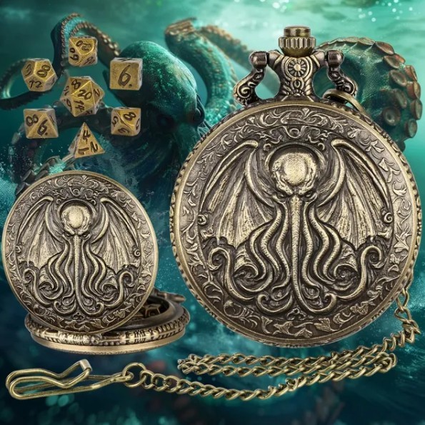 TEG - Bronze Cthulhu Pocket Watch Keychain w/ Mini Polyhedral Set New Specialty