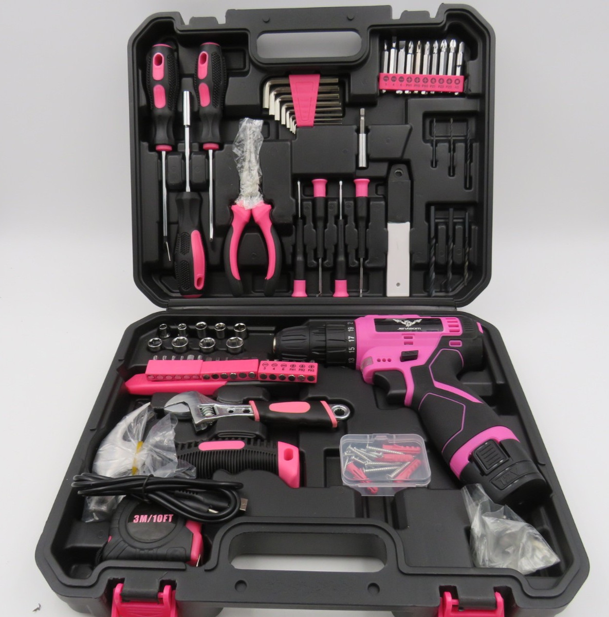 Jenabom Drill Set Home Tool Set with 8V Pink Cordless Drill Hand Tool Kit 126 pc