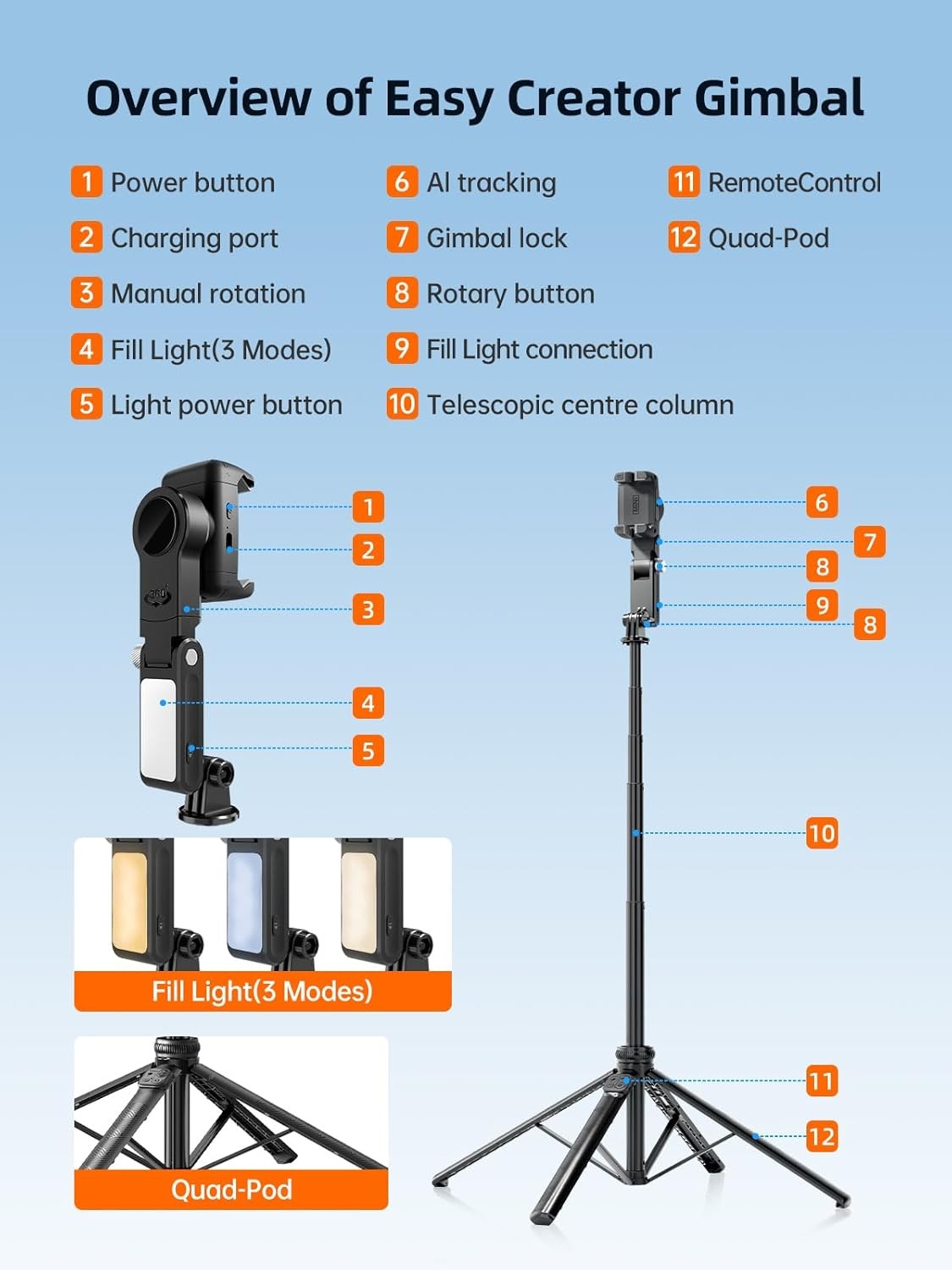 Rollei Auto Face Tracking Tripod Smartphone Gimbal Stabilizer 61'' Selfie Stick