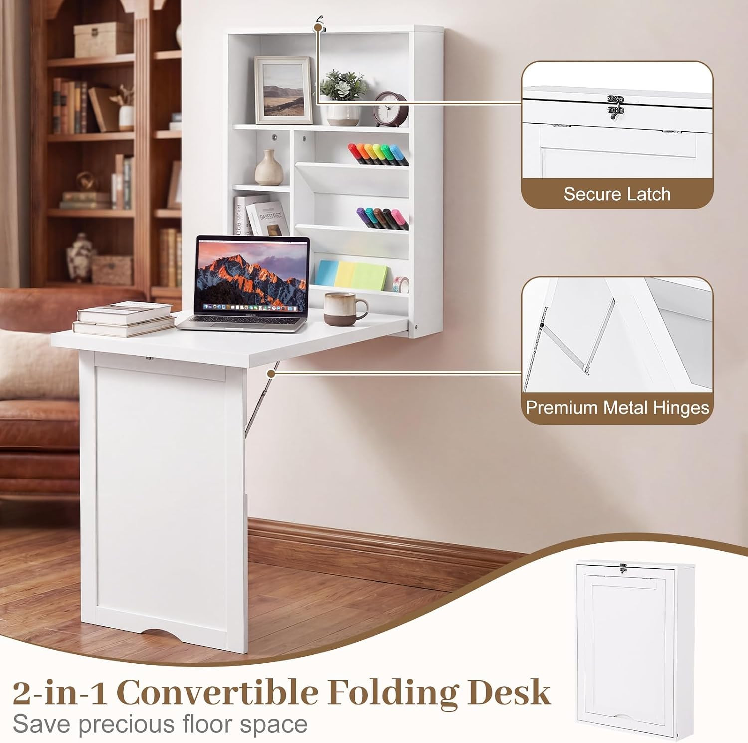 Folding Wall Mounted Desk, Convertible Fold Out Floating Table with Storage Shel