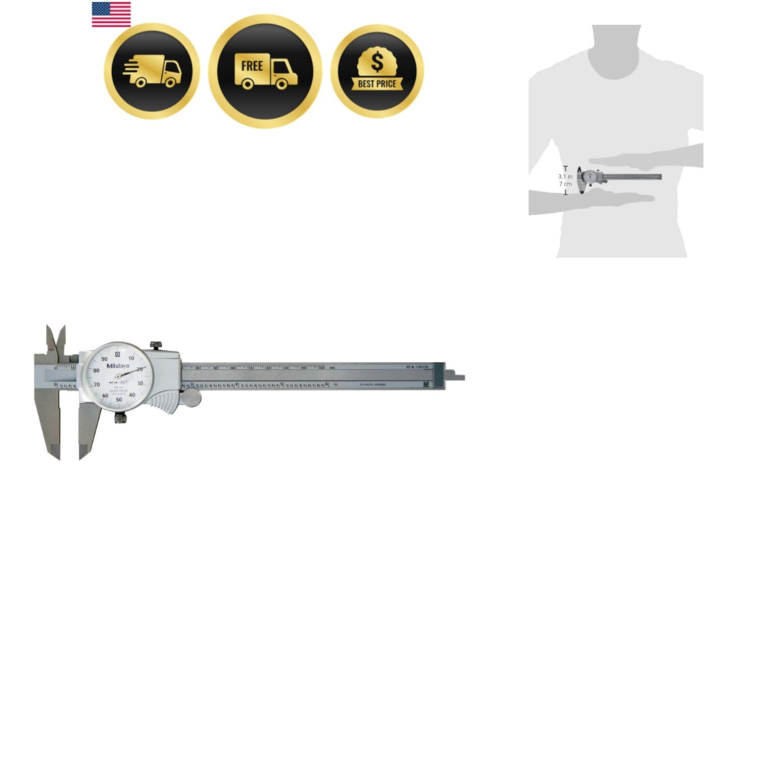 Dial Caliper, 0-6" Range, 0.001" Accuracy, 0.1"/Rev, Smooth Dial Movement wit...
