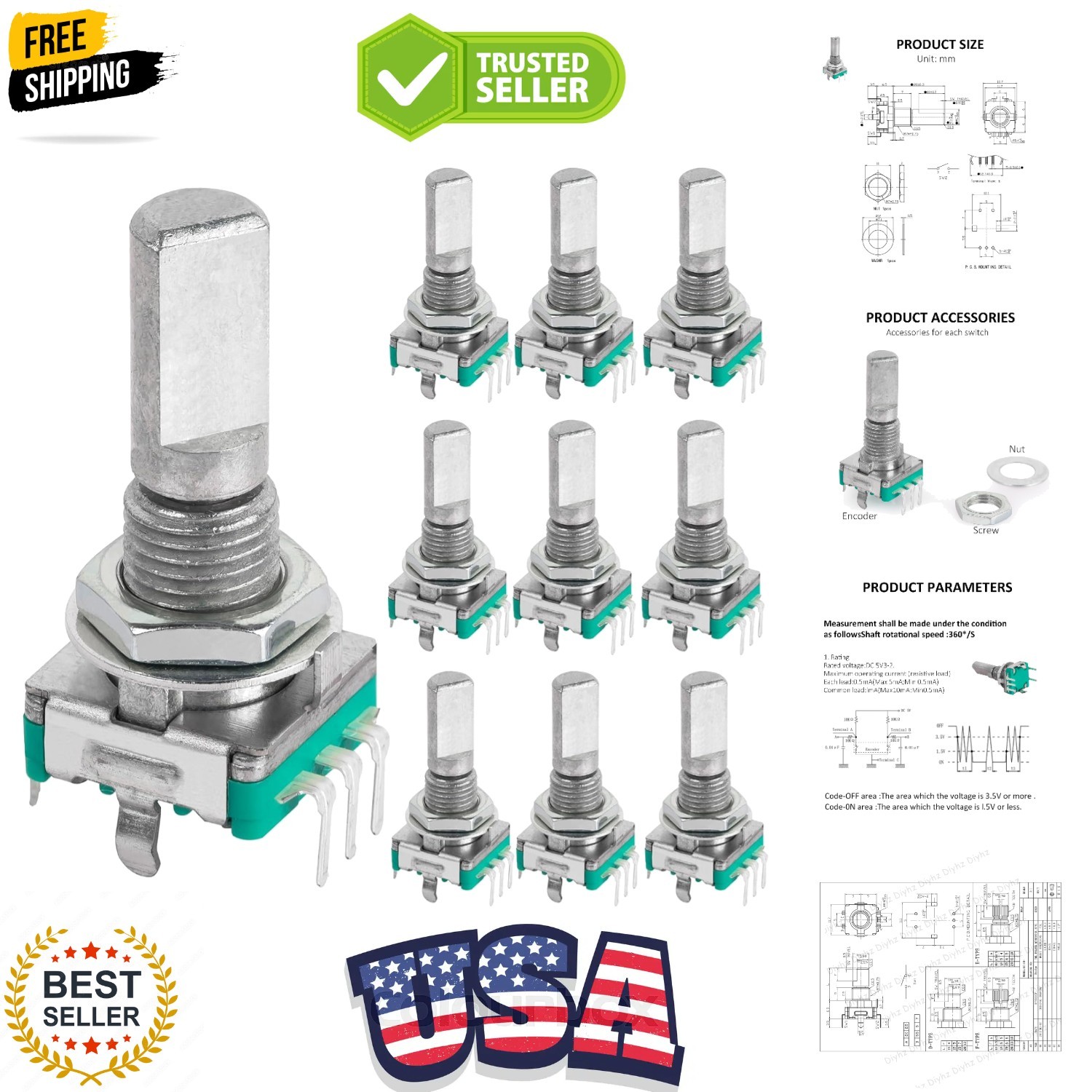 10 Pcs EC11 Rotary Encoder Dode Switch Audio Digital Potentiometer with Switc...