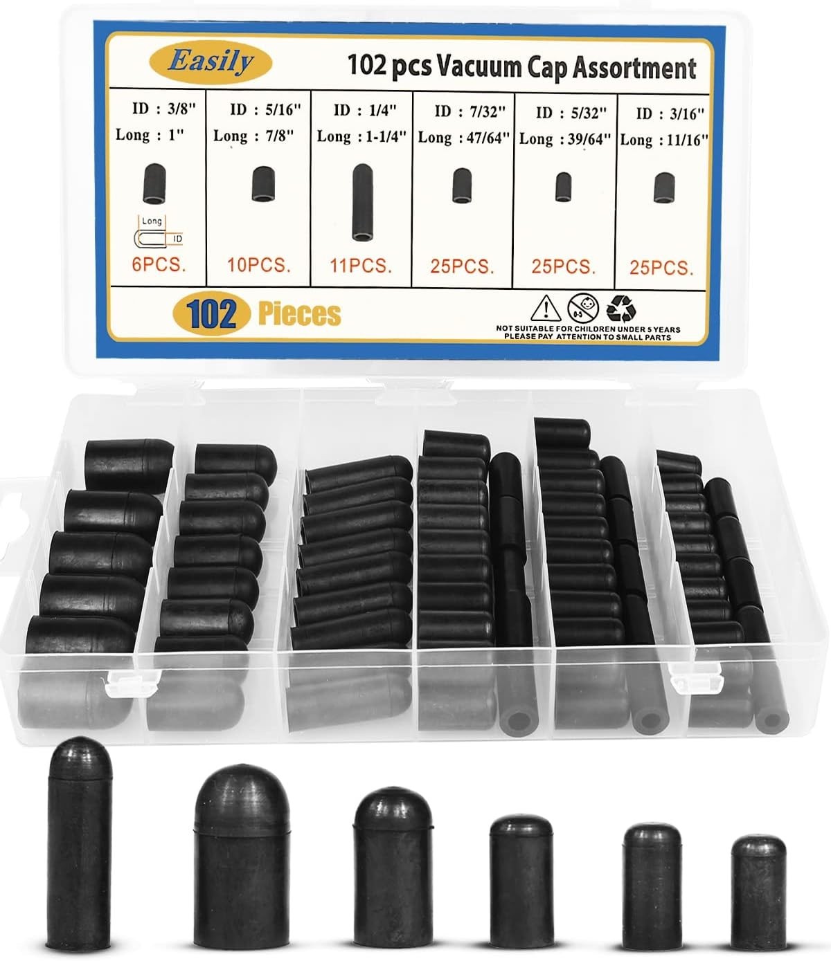 Rubber Vacuum Caps Plug Kit, 102 PCS Assorted Plugs Hose End Black