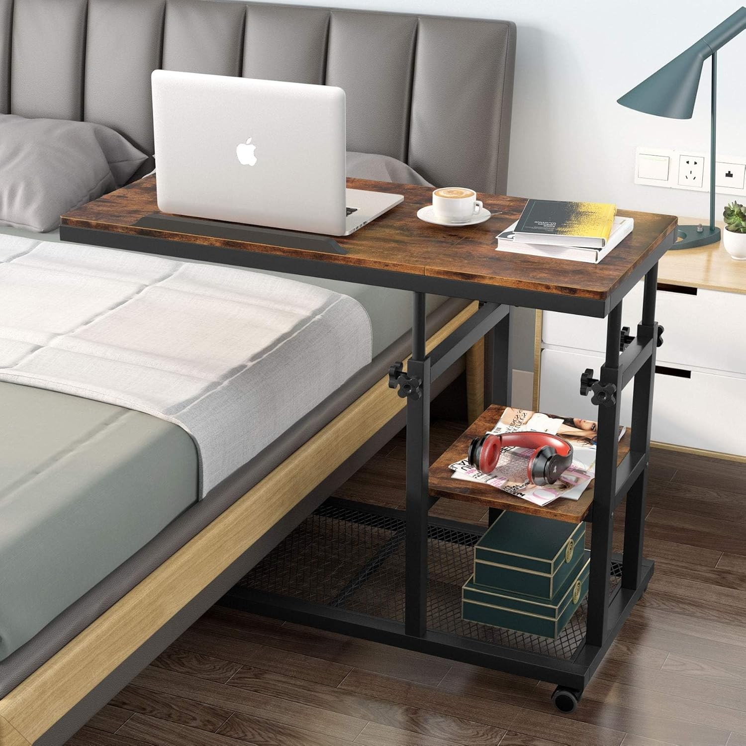 Height Adjustable C Table W/ Wheels Mobile Couch Snack Side Table W/ Tiltable
