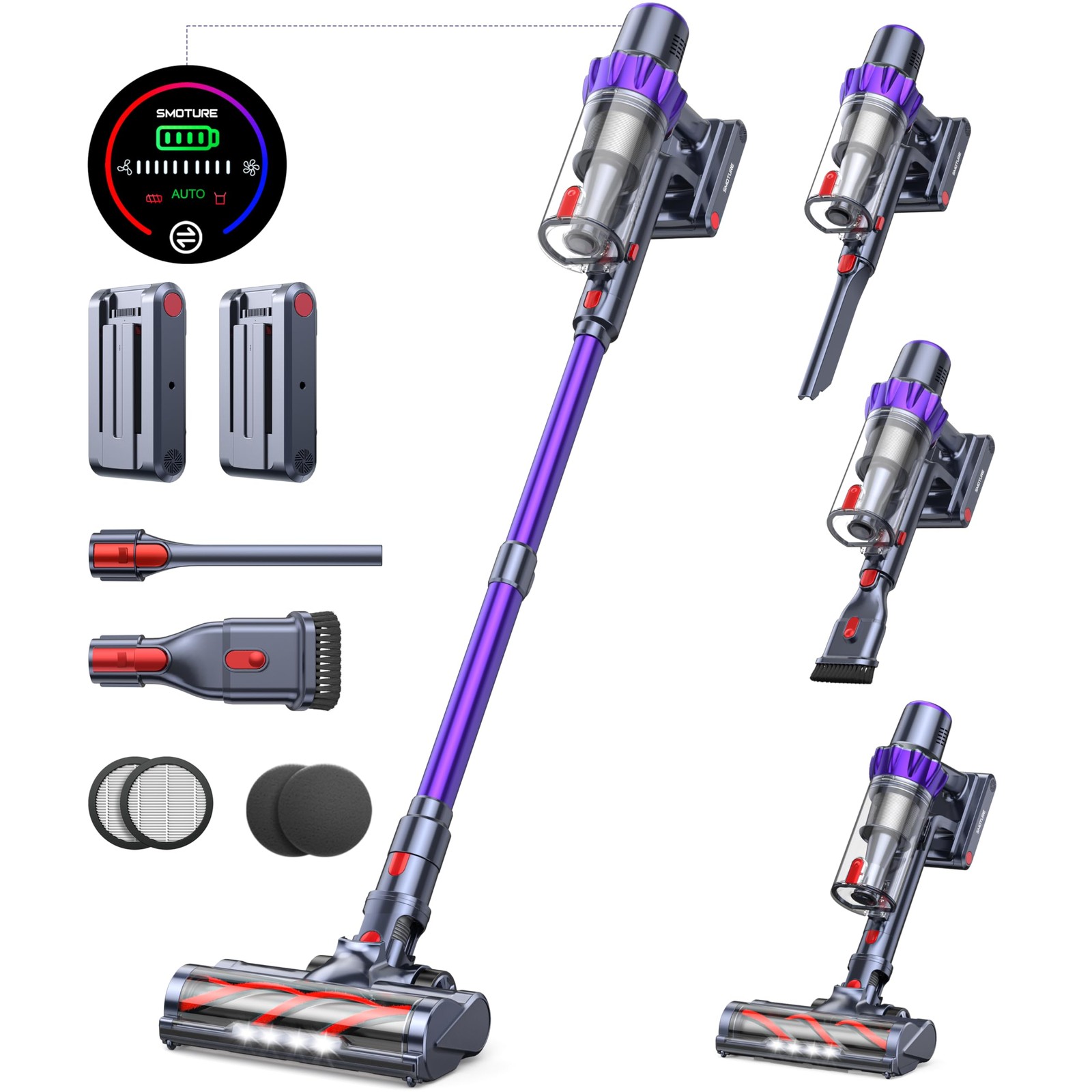 Cordless Vacuum Cleaner, 2 Batteries 110 Mins Runtime Cleaners Purple