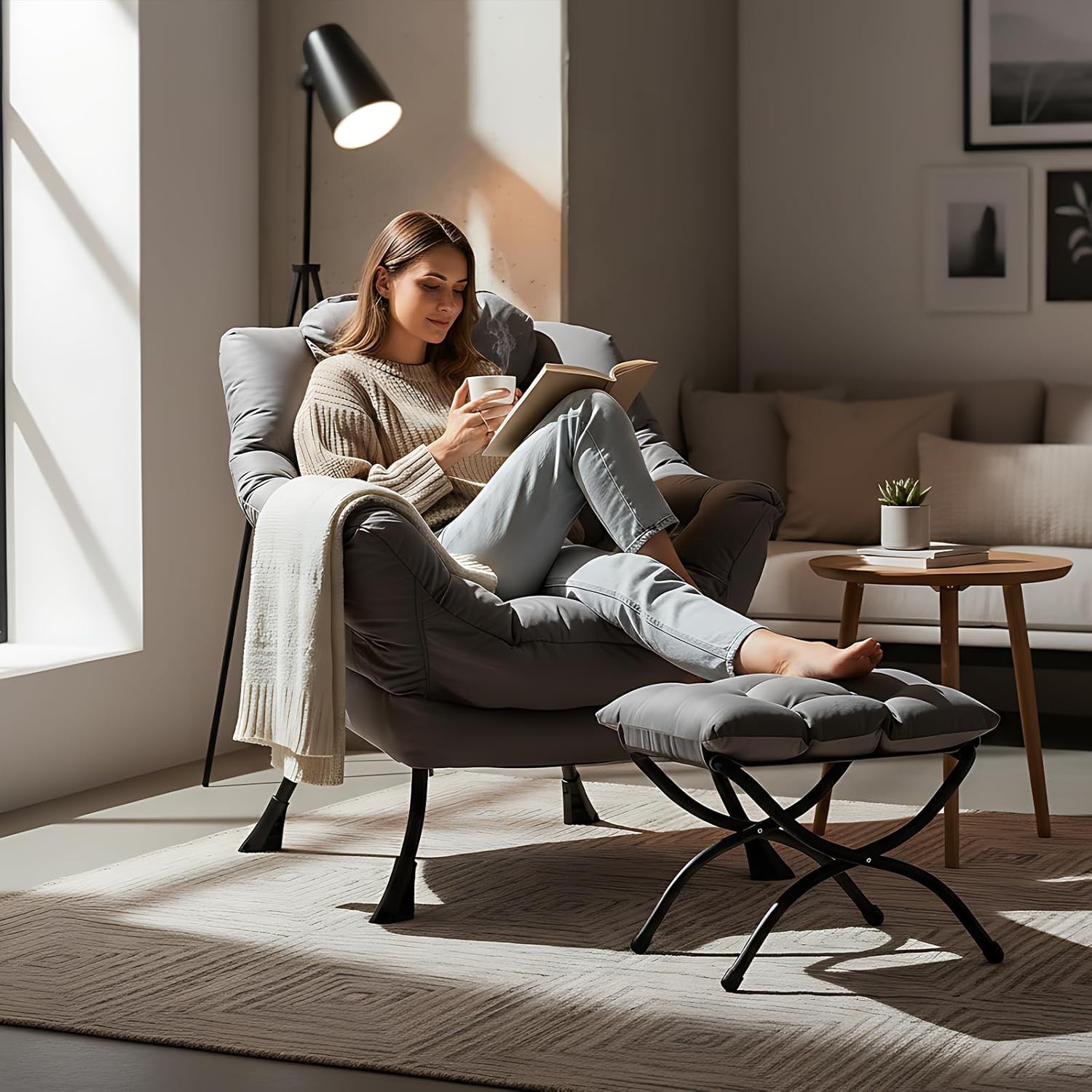 Lazy Chair W/ Ottoman Modern Lounge Accent Chair W/ Armrests & a Side Pocket