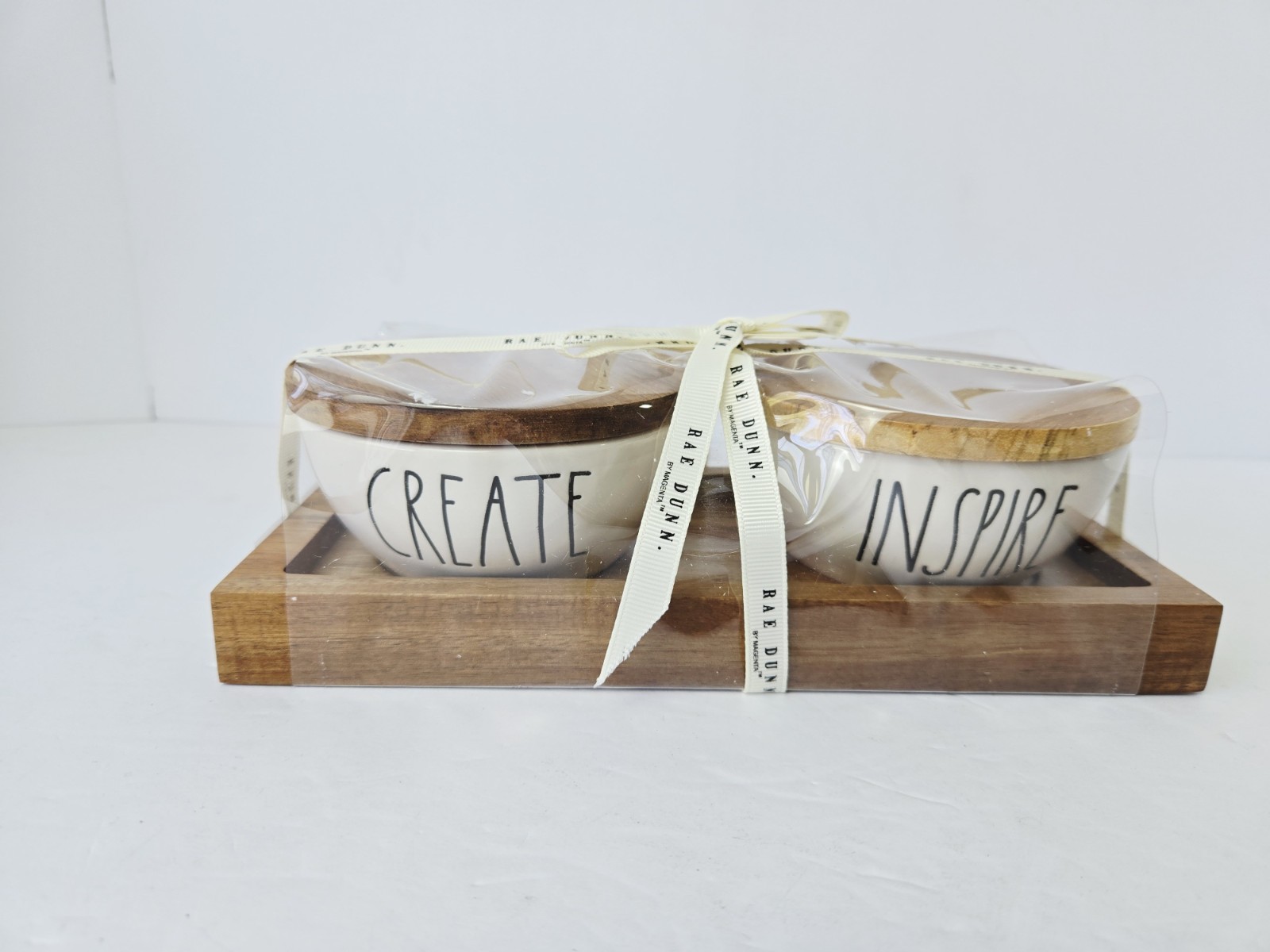 Rae Dunn Pinch Bowl Set Ceramic with Wood Lids & Tray Create & Inspire New