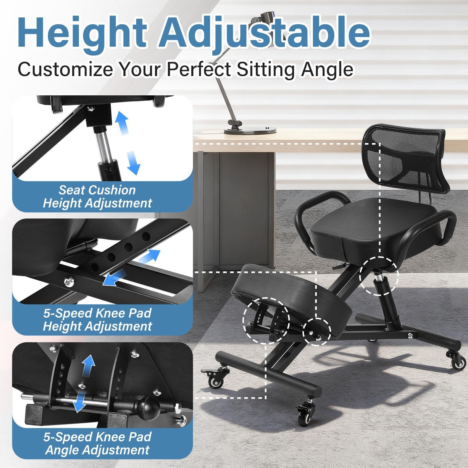 Ergonomic Kneeling Chair with Backrest and Wheels, X-Shaped Design