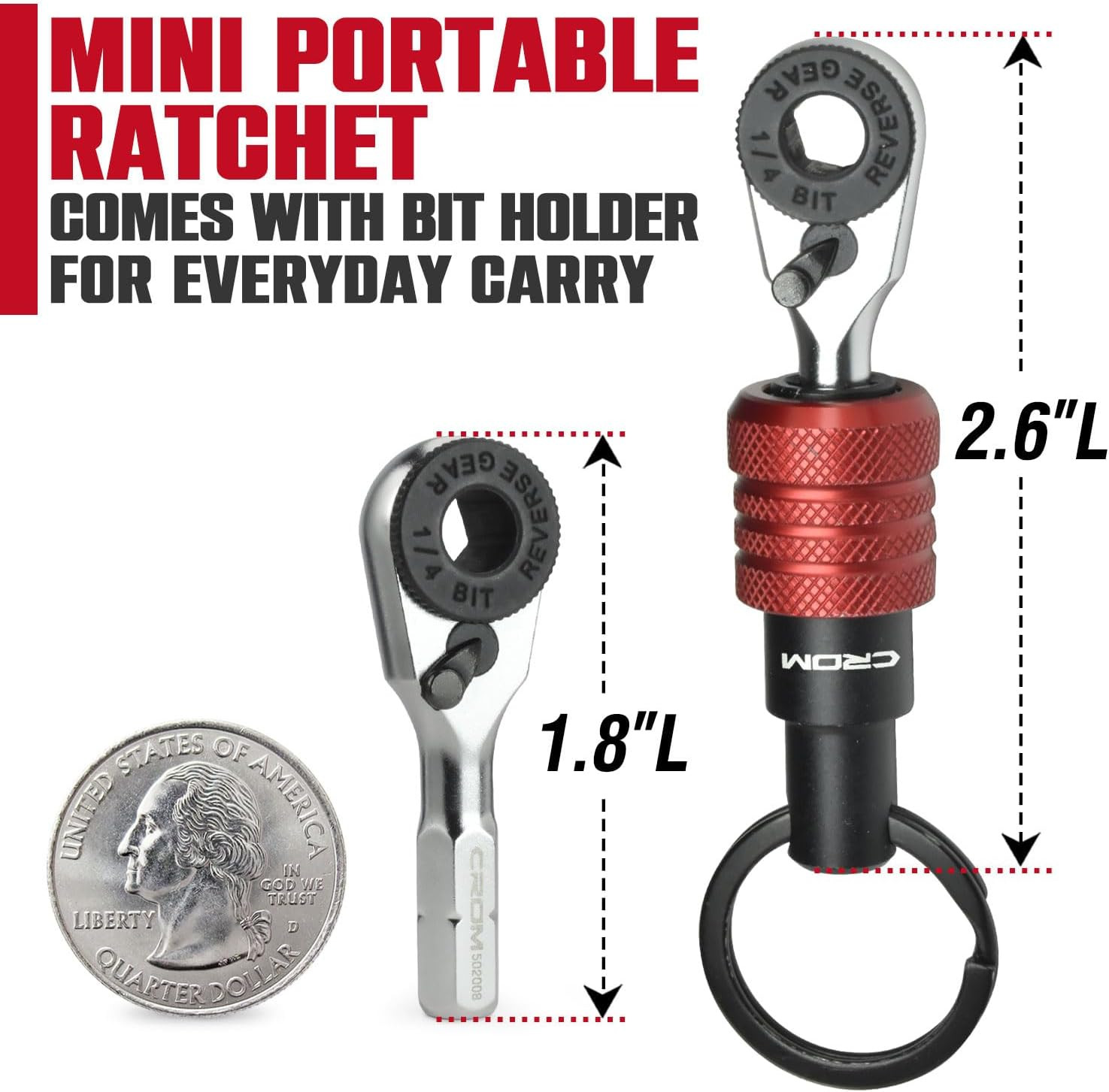 EDC Mini Ratchet Wrench – 1/4-Inch Hex End Multitool Accessory with Bit Holder,