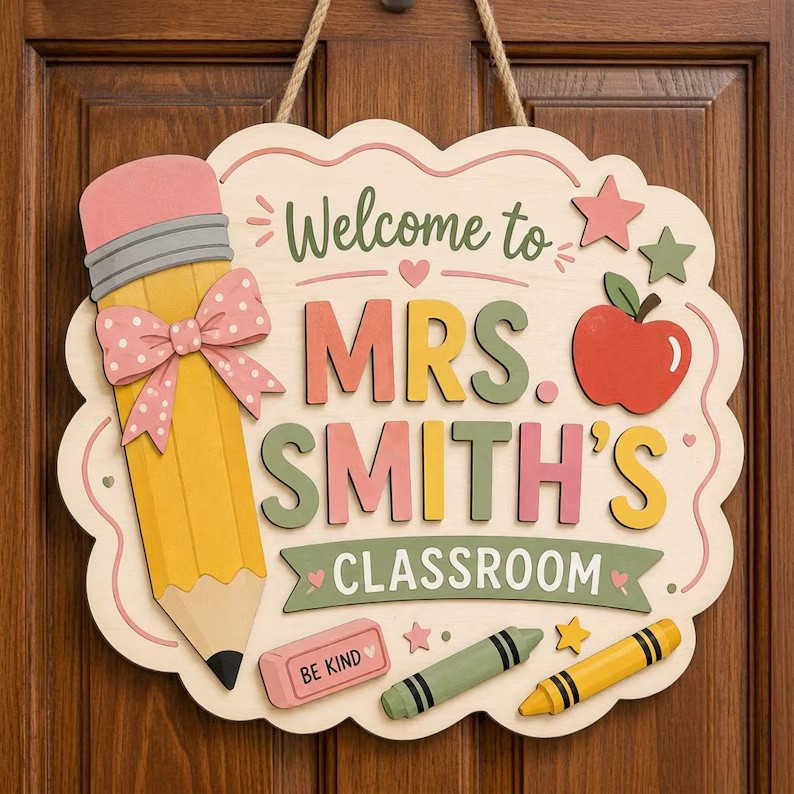 Personalized Teacher Classroom Wooden Sign with Rope