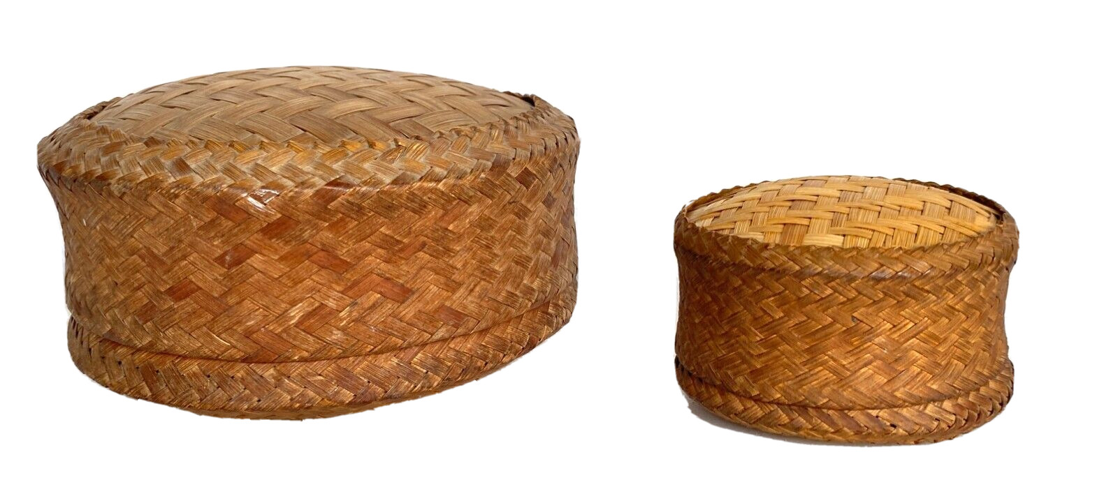 Pair of Round Hand Woven Bamboo Vintage Nesting Baskets with Lids - Asia