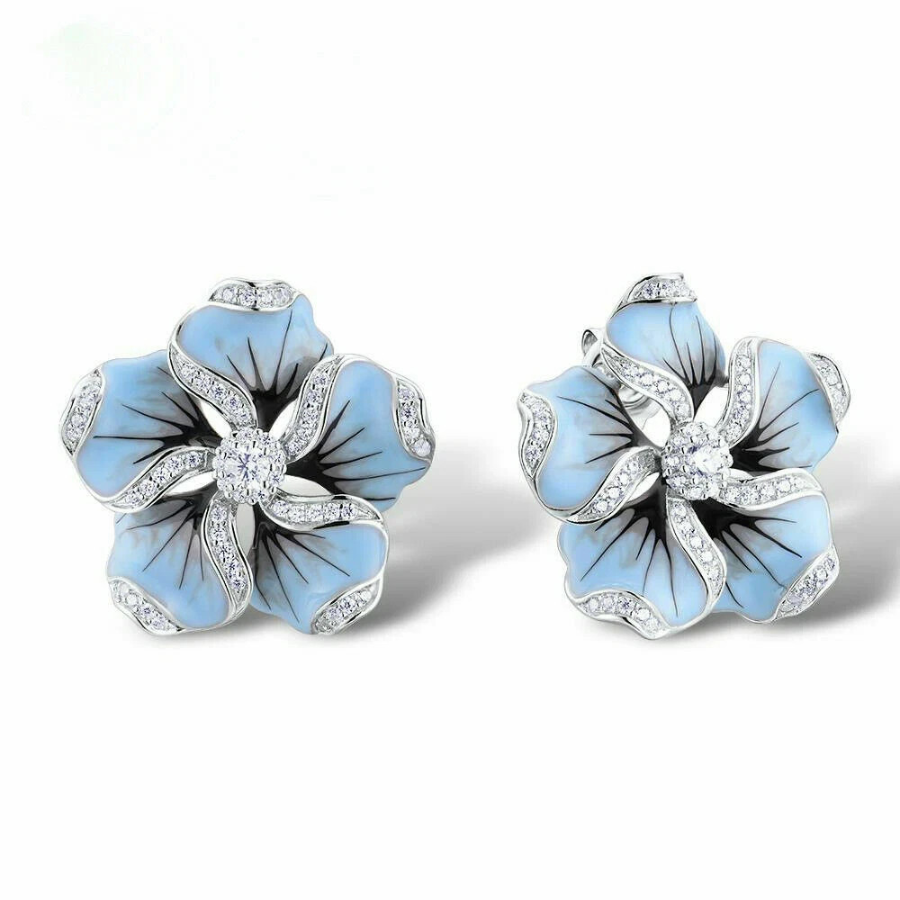 Flower Shaped Women Jewelry 925 Silver Stud Earrings Blue Cubic Zircon Jewelry