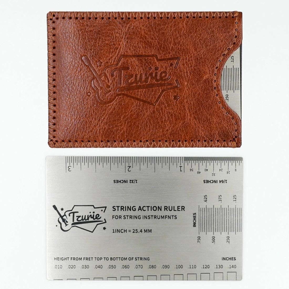 Tzurie Guitar String Action Gauge, Medium, silver ruler with brown case