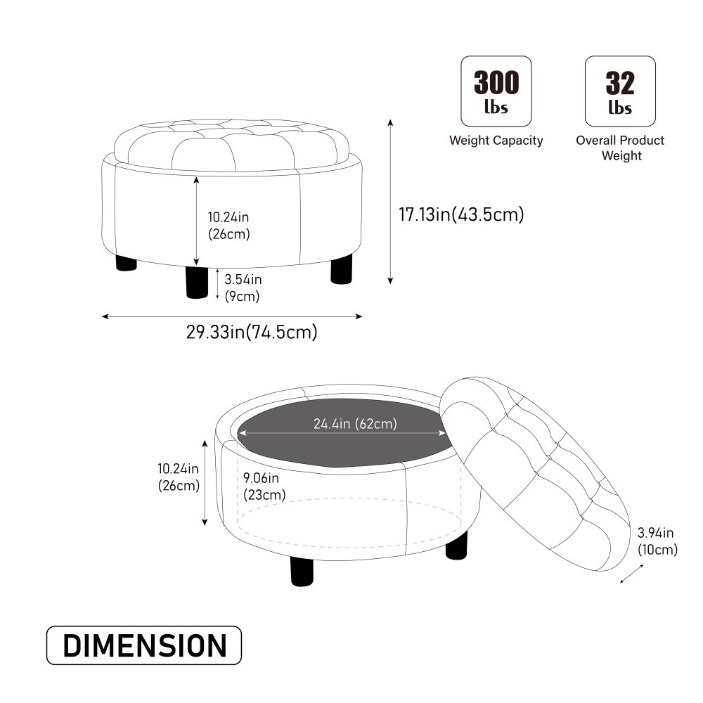 29.33inUpholstered Round Ottoman With Reversible Lid Fleece Fabric Storage Stool