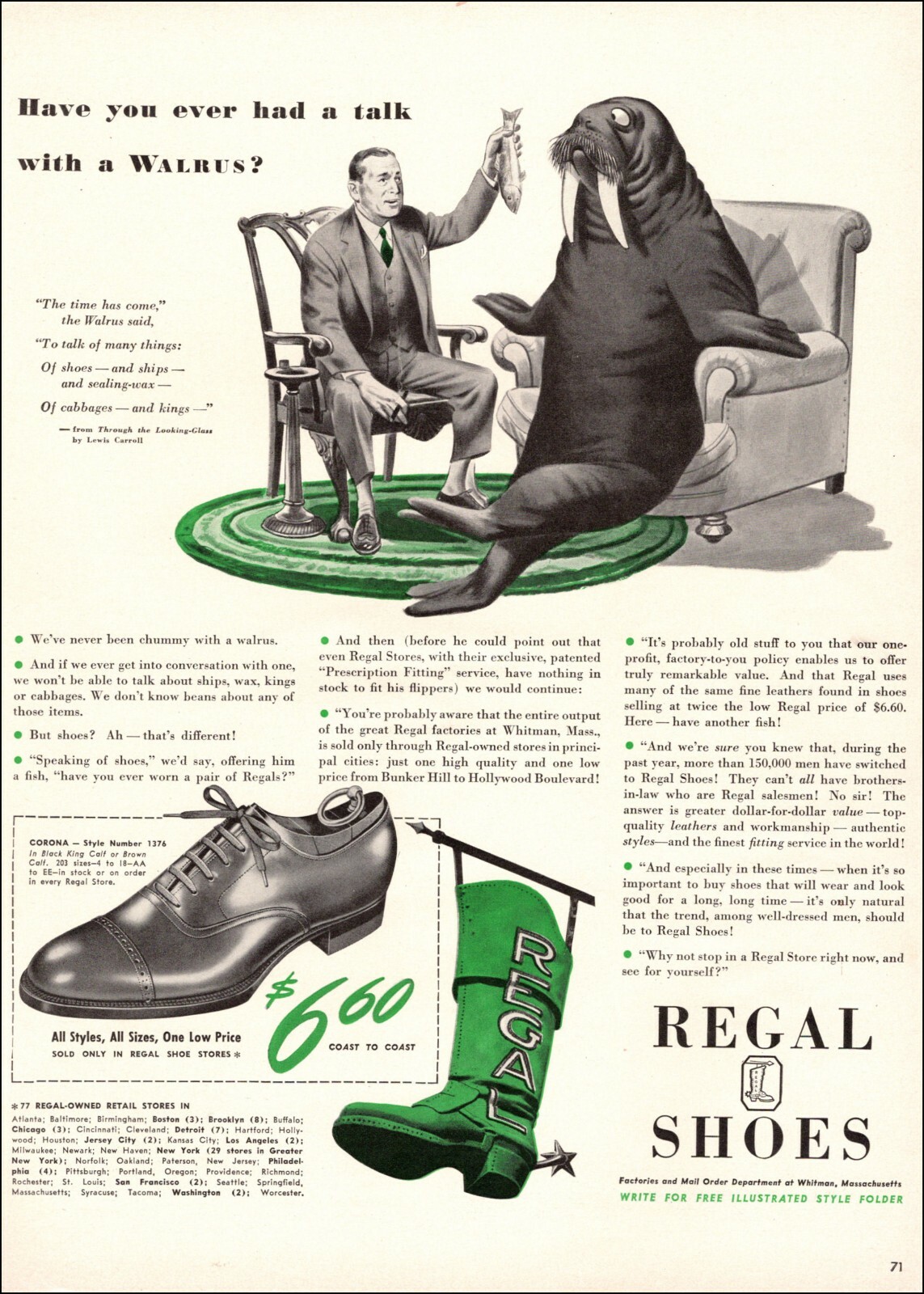 1945 WW2 era Ad REGAL SHOES , One price 6.60 Talk with Walrus  Green Boot 080419
