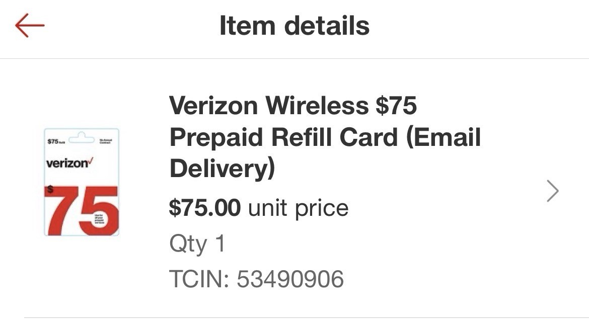 Verizon prepaid service e gift card worth $75 selling for $65 Via Email