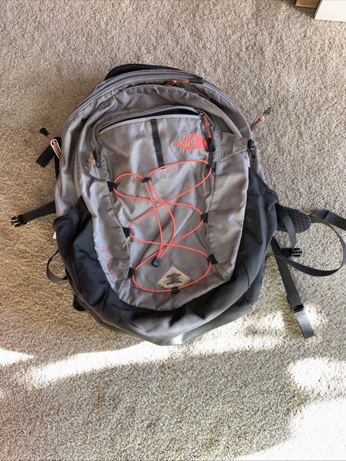 North Face Borealis Flexvent Gray & Pink Backpack with Padded Laptop Sleeve