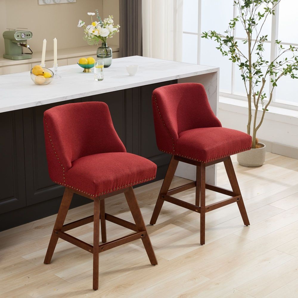 26" Counter Height Swivel Barstools Set of 2, Wine Red Fabric Upholstered
