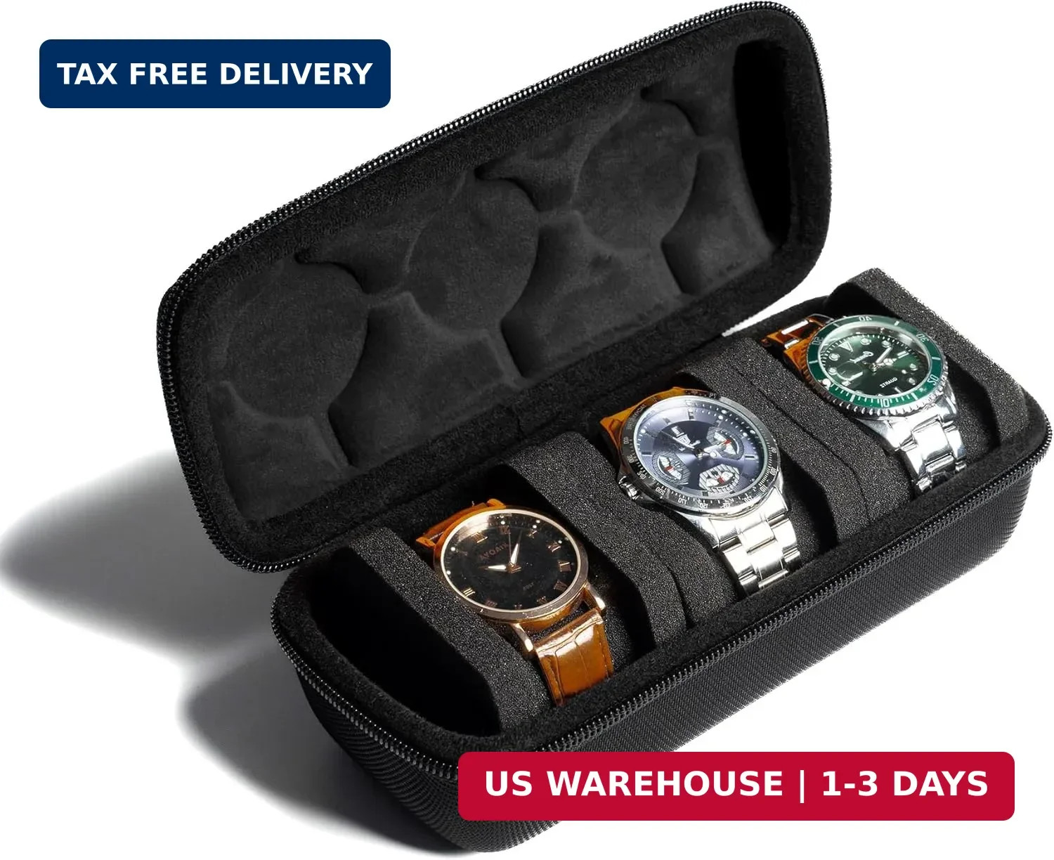 3 Slot Hard Watch Travel Case, Watch Roll Case Storage and Organizer for Men and