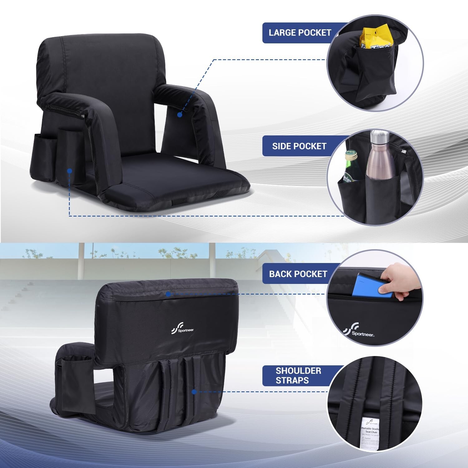 Sportneer Stadium Seats with Back Support, Bleacher Chairs with Back and Cush...