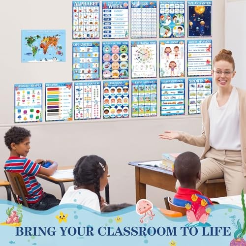 18 Pcs Educational Posters for Classroom, Laminated Preschool Learning Ocean