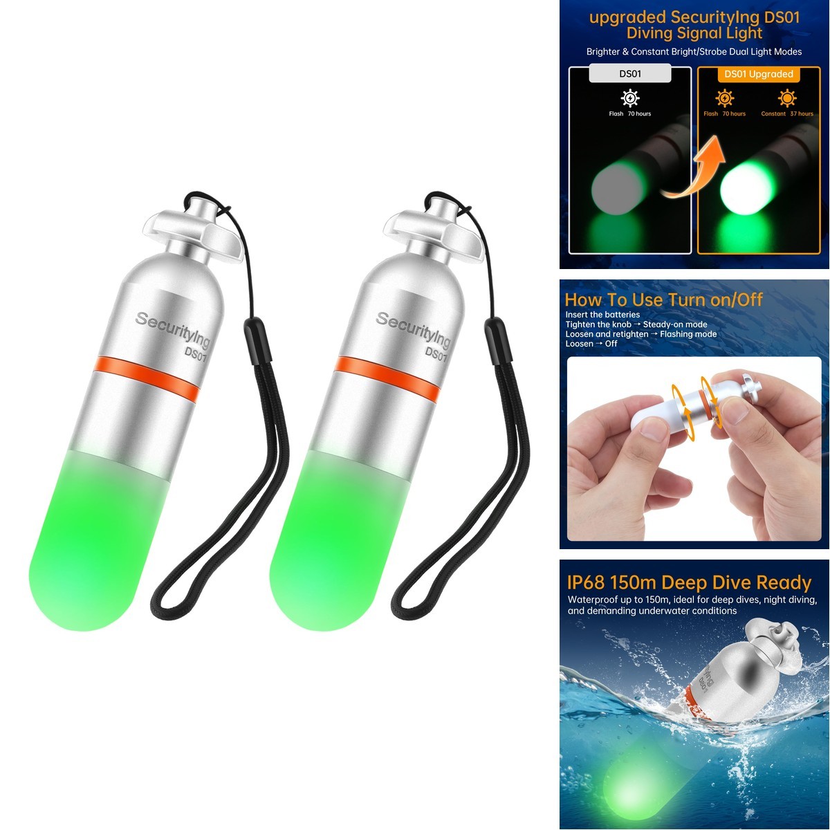 SecurityIng 2 Pcs Scuba Dive Strobe Signal Light 2 Modes Green